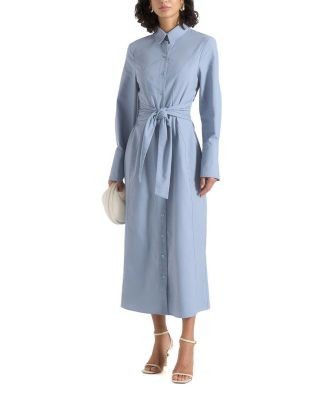 Maniere De Voir Fern Linen Midi Shirt Dress with Tie Waist