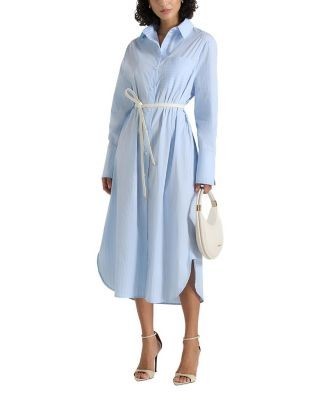 Maniere De Voir Isa Belted Pinstripe Cotton Midi Shirt Dress