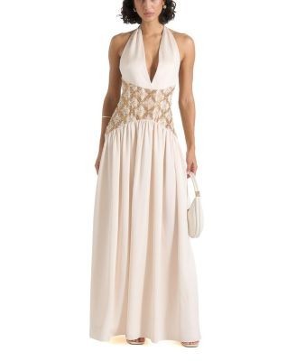 Maniere De Voir Ava Halterneck Embellished Corset Gathered Maxi Dress