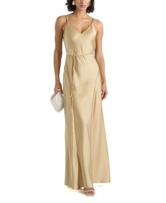 Maniere De Voir Saffron Satin Belted Maxi Dress