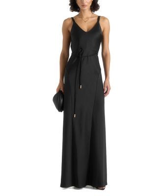 Maniere De Voir Saffron Satin Belted Maxi Dress