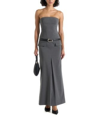 Maniere De Voir Tabitha Tailored Pinstripe Bandeau Belted Maxi Dress