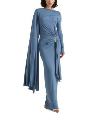 Maniere De Voir Edena Asym Ruched Draped Maxi Dress