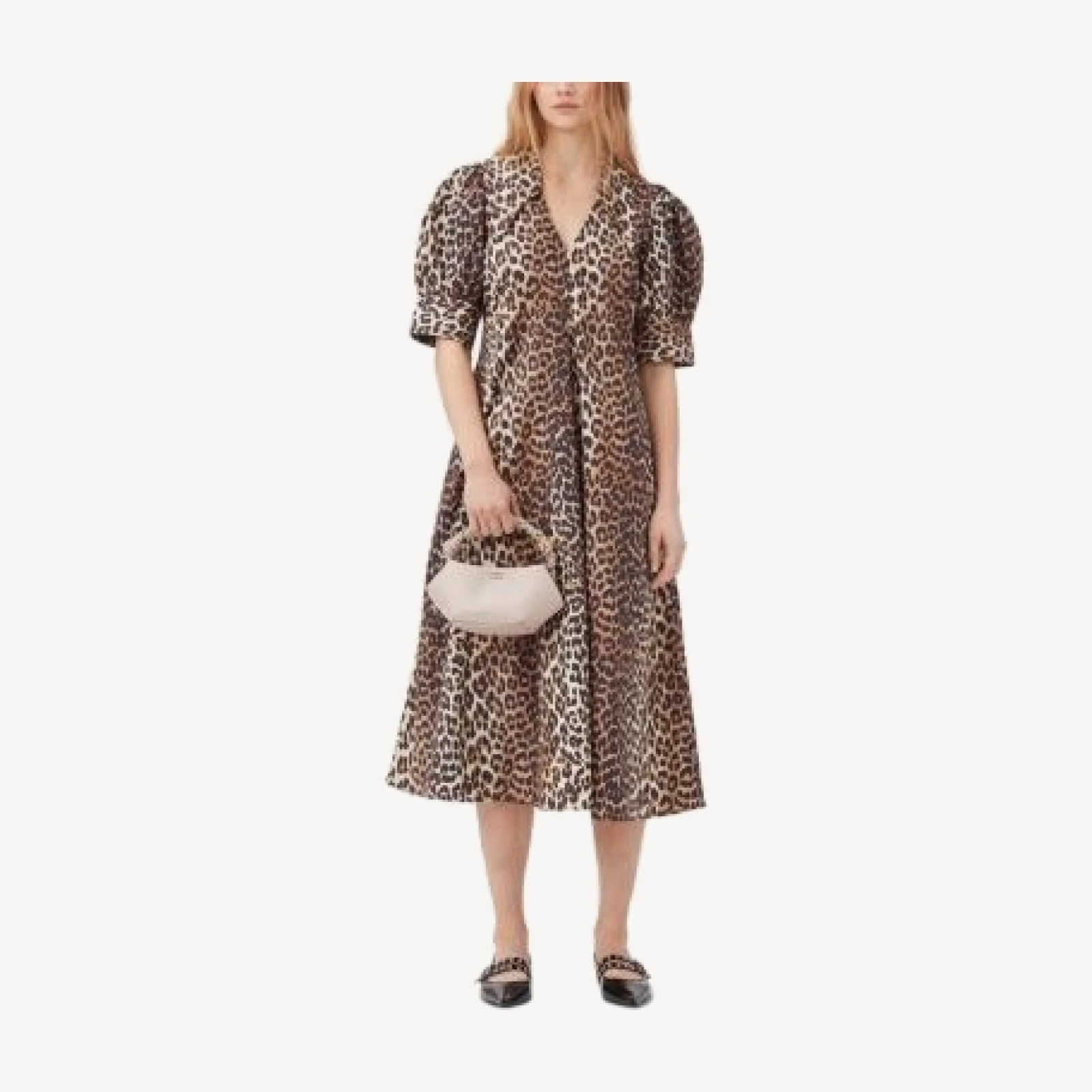Ganni Leopard Cotton Poplin V Neck Maxi Dress