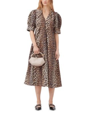 Ganni Leopard Cotton Poplin V Neck Maxi Dress