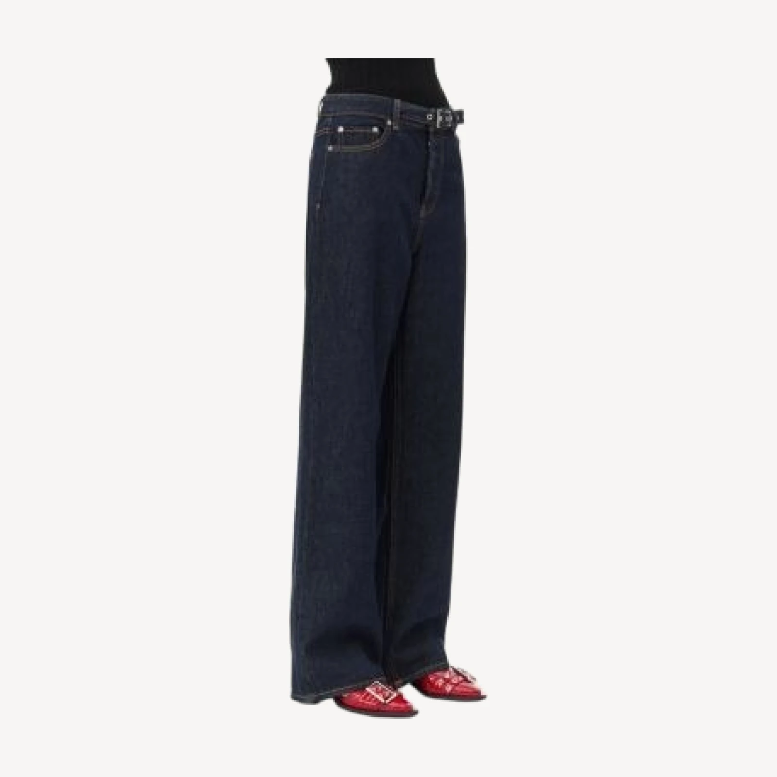 Ganni Izey Belted Wide Leg Jeans in Rinse