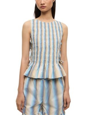 Ganni Striped Smocked Tie Top