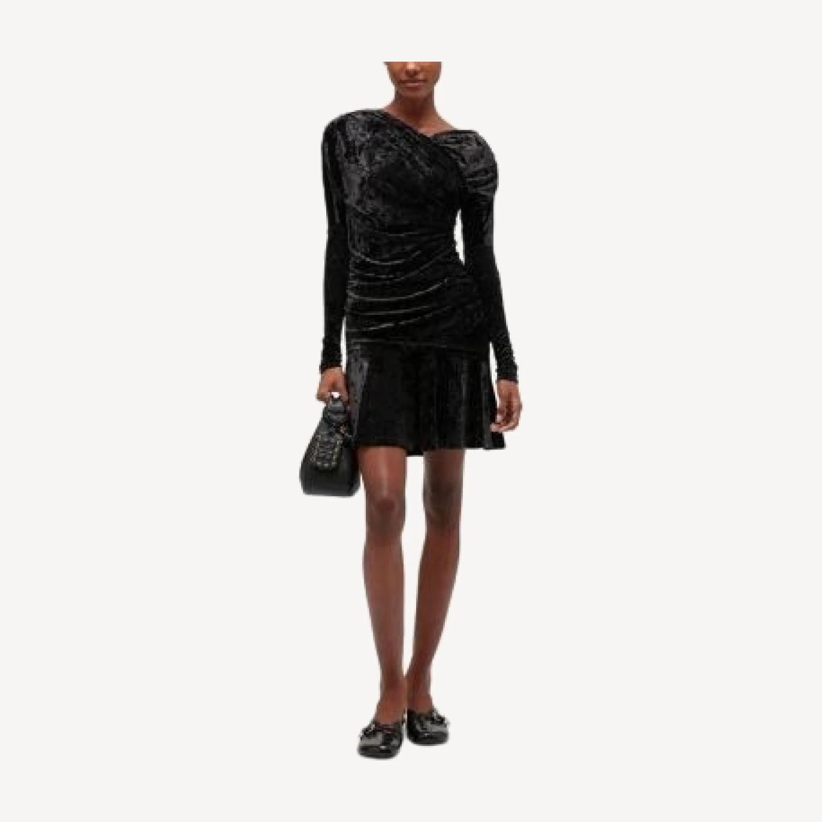 Ganni Black Velour Crossover Ruched Mini Dress