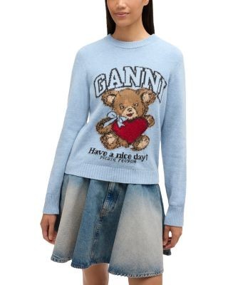 Ganni Wool Blend Crewneck Graphic Sweater