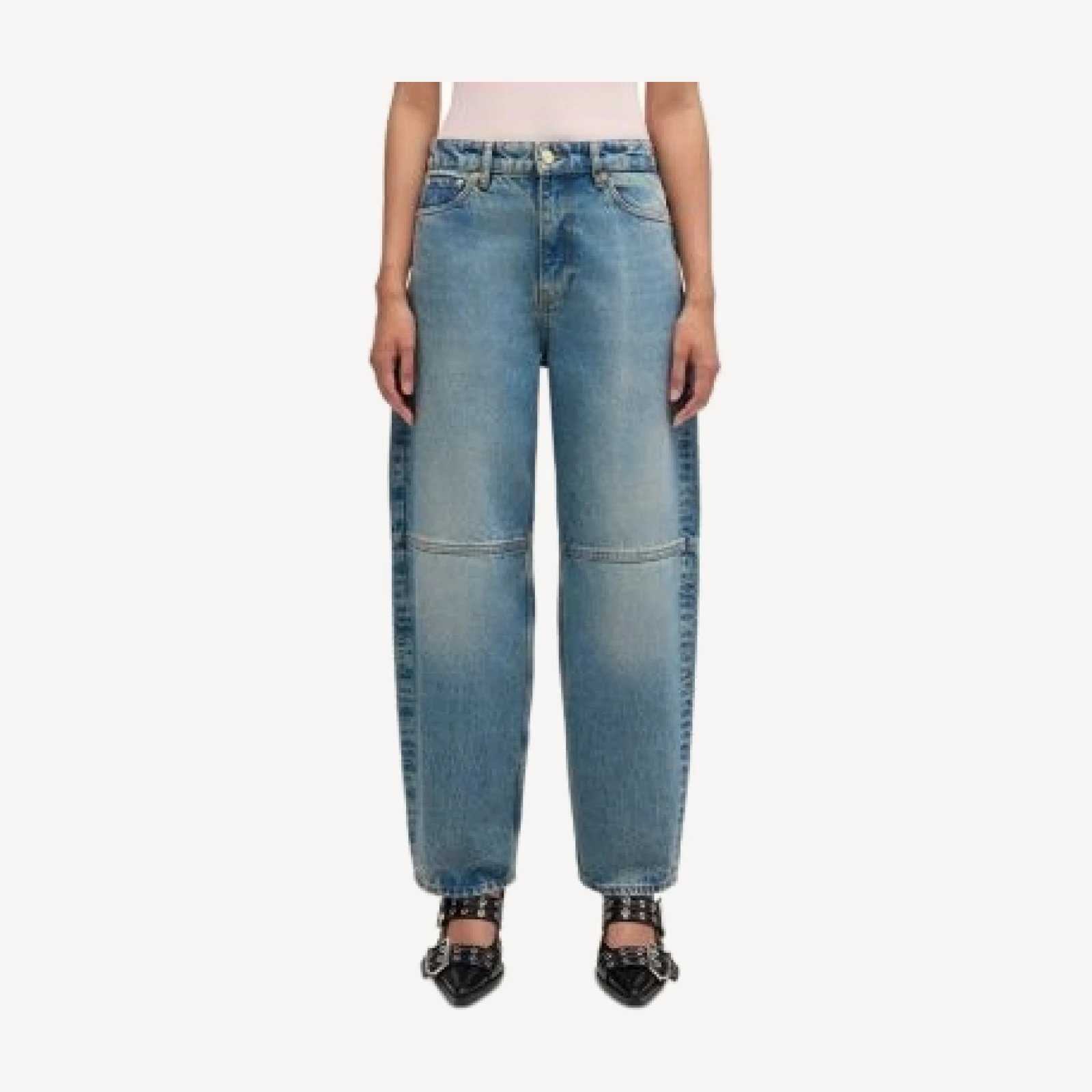 Ganni Essentials Tint Rigid Mid Rise Barrel Jeans in Mid Blue Vintage