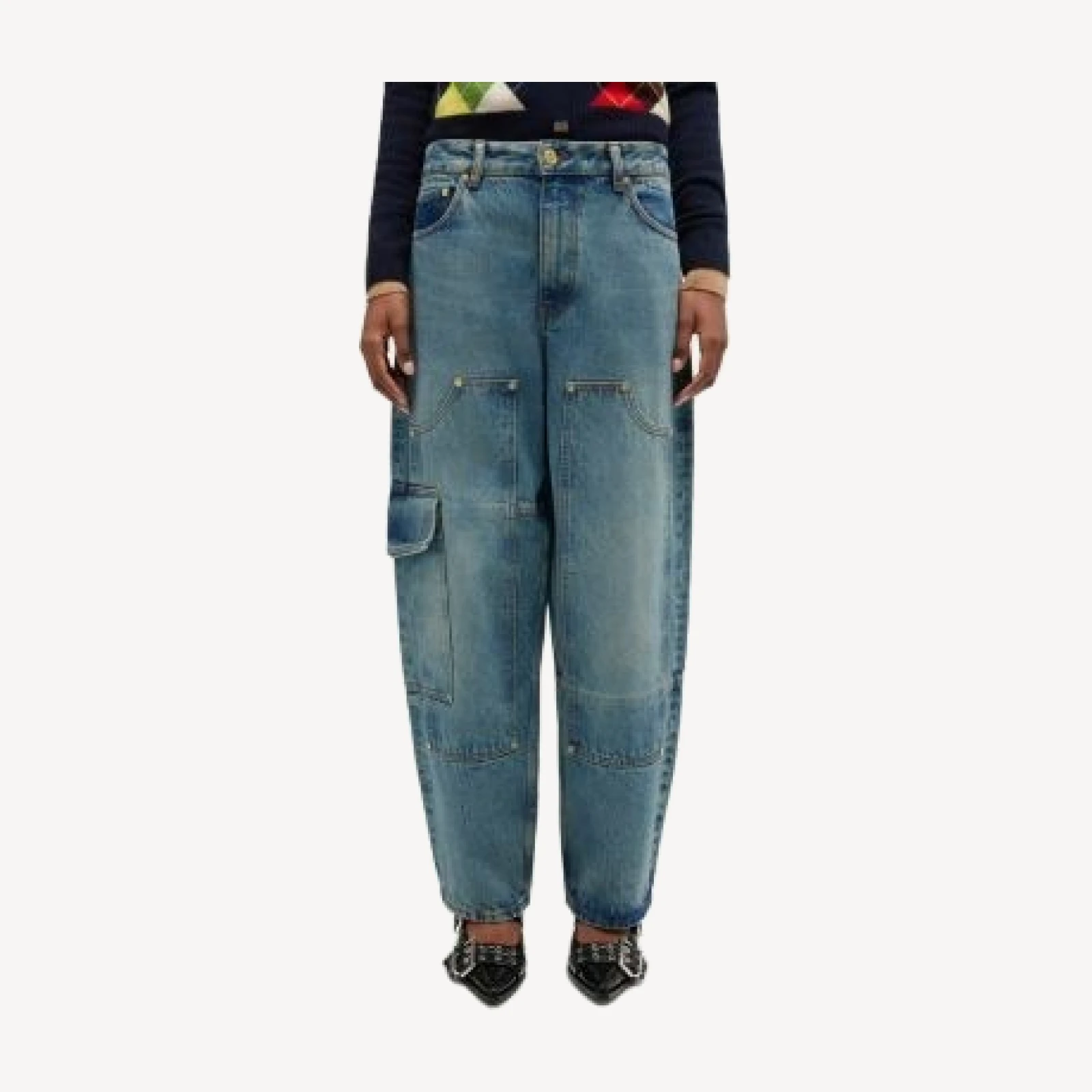 Ganni Essentials Tint Rigid Low Rise Carpenter Jeans in Mid Blue Vintage