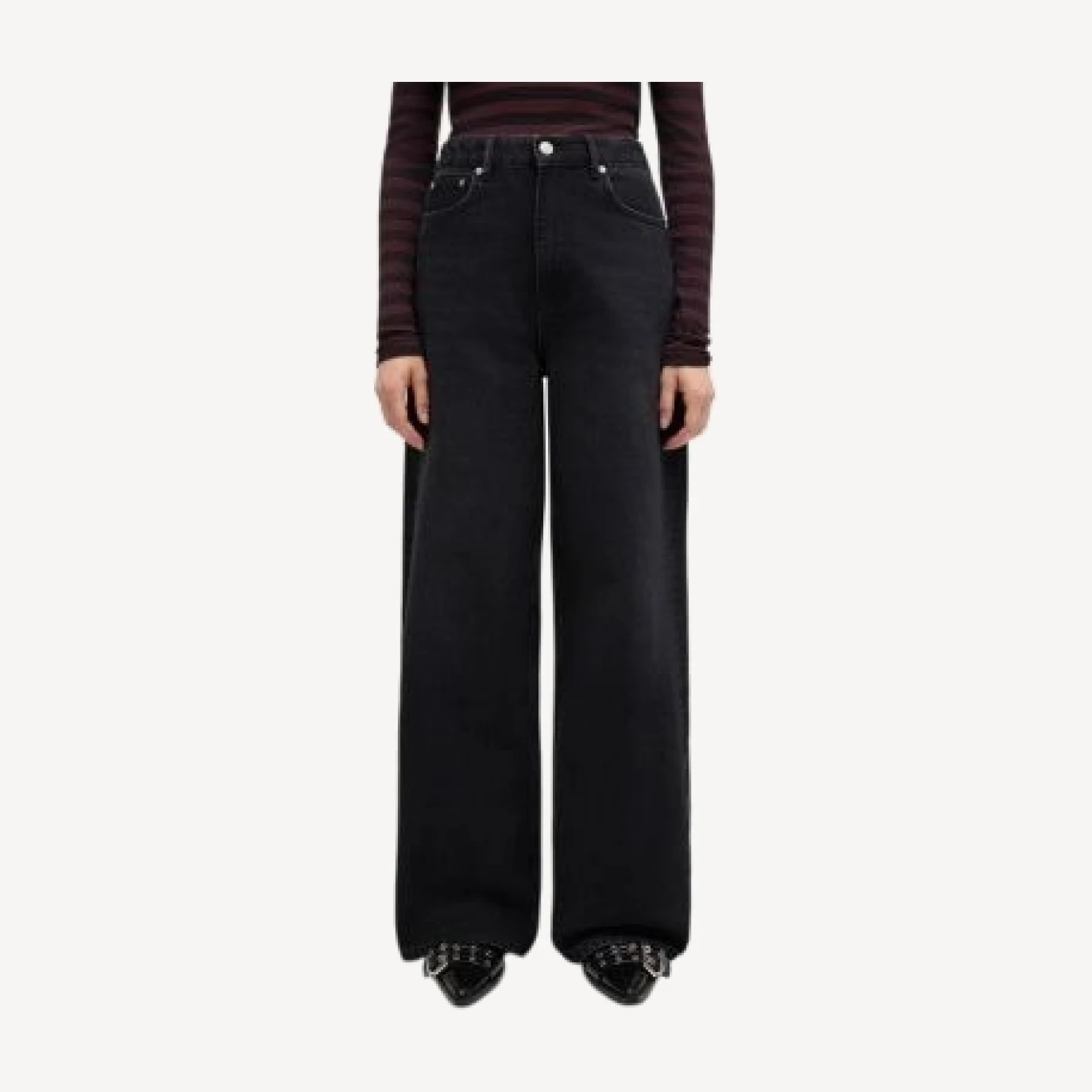 Ganni Essentials Rigid High Rise Straight Wide Jeans in Black Washed