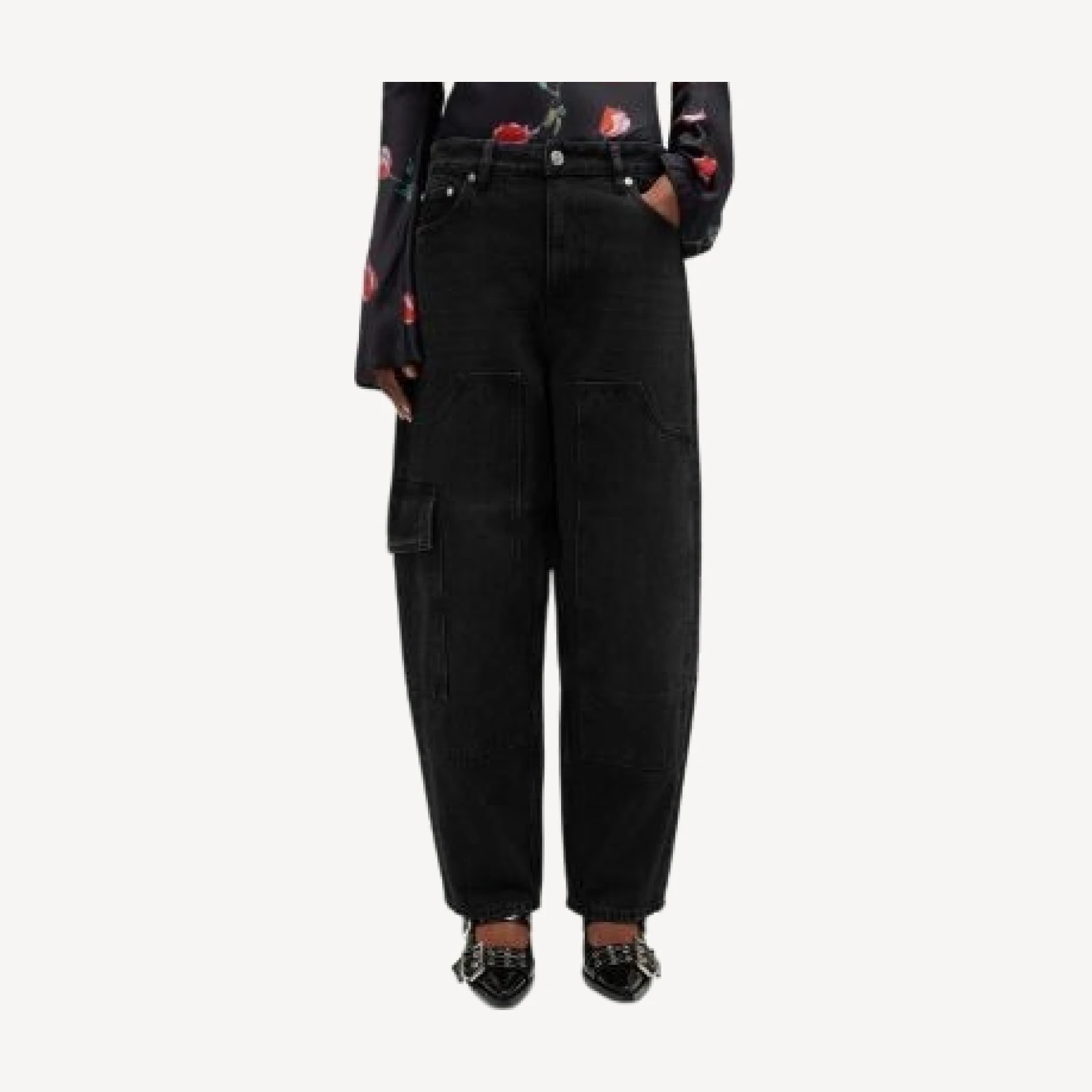 Ganni Essentials Rigid Low Rise Barrel Jeans in Black Washed