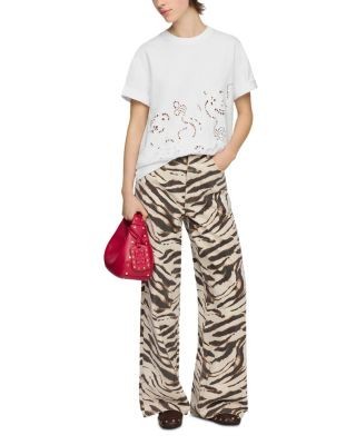 Ganni Lari High Rise Wide Leg Zebra Print Denim Jeans in Egret