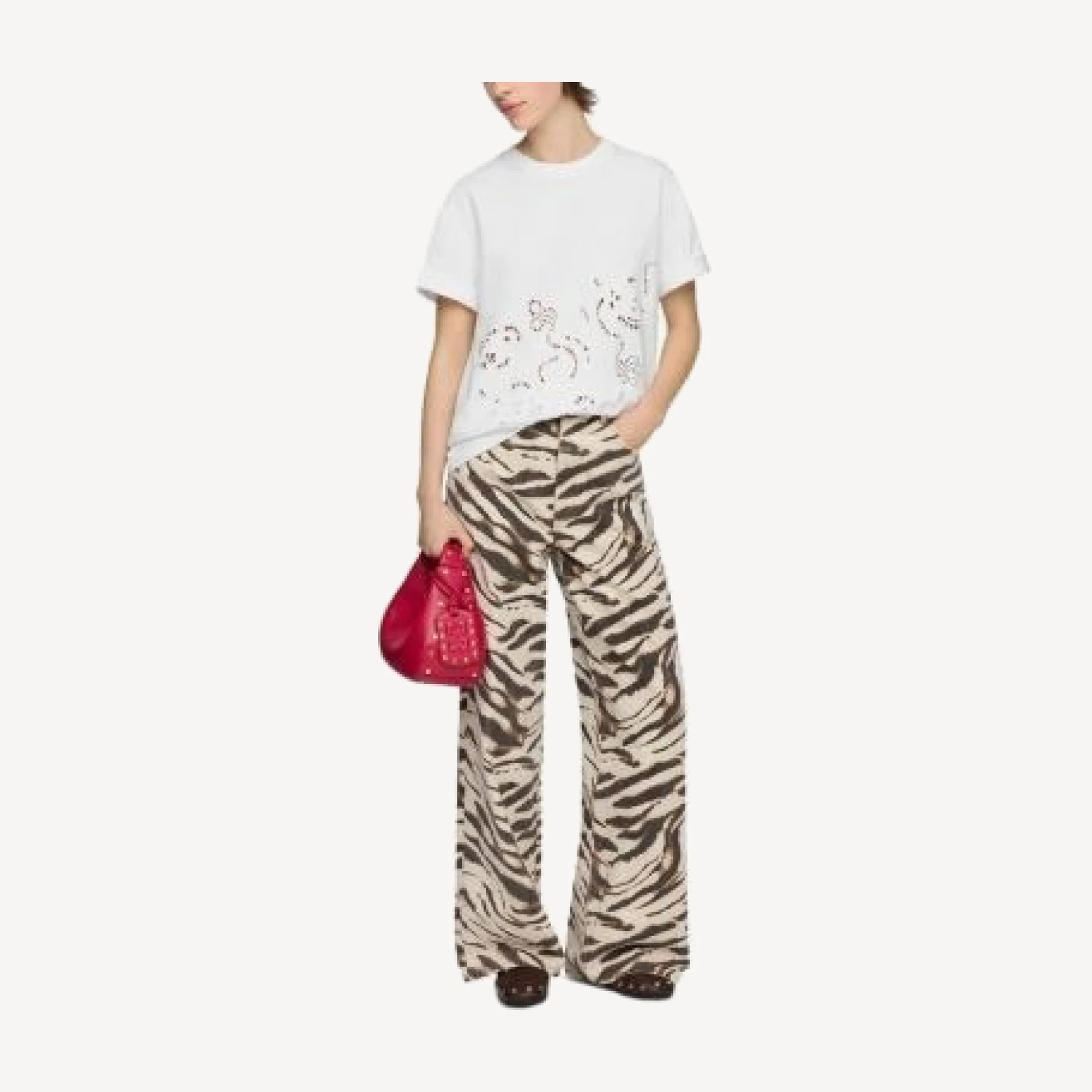 Ganni Lari High Rise Wide Leg Zebra Print Denim Jeans in Egret