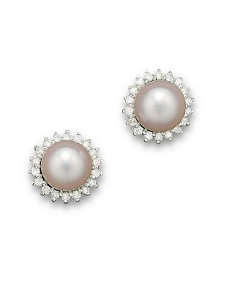 Cultured Akoya Pearl Stud Earrings with Diamonds in 14K White Gold, 6.5mm