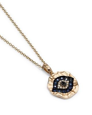 White Diamond, Black Diamond and Blue Sapphire Evil Eye Pendant Necklace in 14K Yellow Gold, 18