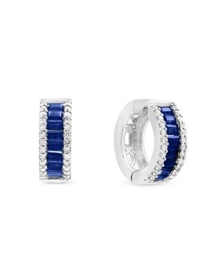 Blue Sapphire and Diamond Hoop Earrings in 14K White Gold