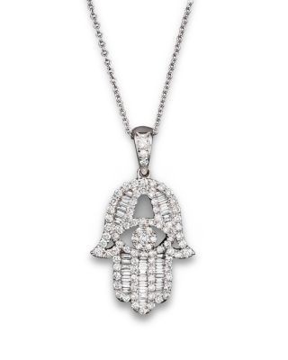 Diamond and Baguette Hamsa Pendant Necklace in 14K White Gold, 0.55 tcw