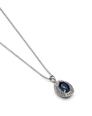 Blue Sapphire and Diamond Pendant Necklace in 14K White Gold, 18