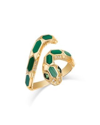Bloomingdale's Fine Collection 14K Yellow Gold Malachite Snake Ring with Diamonds, 0.07 tcw