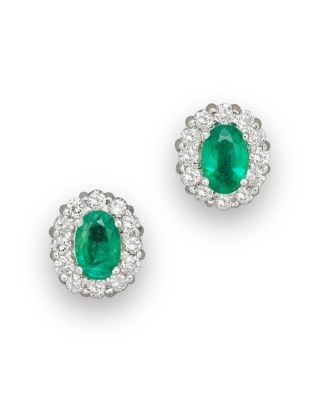Emerald and Diamond Oval Stud Earrings in 14K White Gold