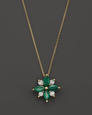 Emerald and Diamond Flower Pendant Necklace in 14K Yellow Gold, 18