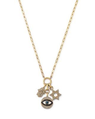 Bloomingdale's Fine Collection Blue Sapphire & Black & White Diamond Evil Eye, Hamsa, and Star of David Charm Necklace with a Paperclip Chain in 14K Yellow Gold