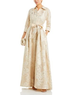 Teri Jon by Rickie Freeman Metallic Jacquard Shirt Dress Gown