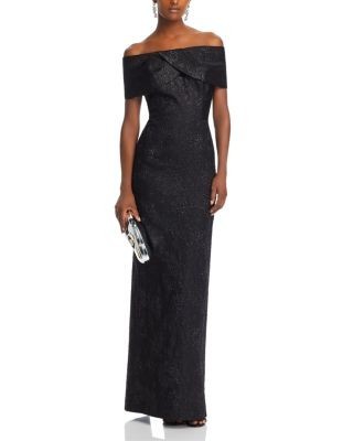 Teri Jon by Rickie Freeman Metallic Off-the-Shoulder Jacquard Gown