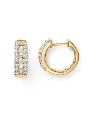 Diamond Round & Baguette Hoop Earrings in 14K Yellow Gold, 0.85 tcw