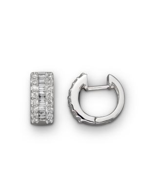 Round and Baguette Diamond Hoop Earrings in 14K White Gold, .85 tcw