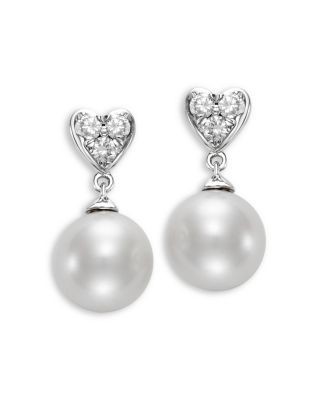 Bloomingdale's Fine Collection Cultured Freshwater Pearl & Diamond Heart Drop Earrings in 14K White Gold