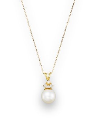Cultured Freshwater Pearl and Diamond Pendant Necklace in 14K Yellow Gold, 18
