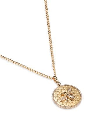 Bloomingdale's Fine Collection Diamond Bumble Bee Disc Pendant Necklace in 14K Yellow Gold, 0.25 tcw