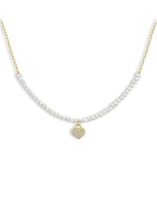 Aqua Pave Heart Cultured Freshwater Pearl Beaded Pendant Necklace, 16-18 - Exclusive