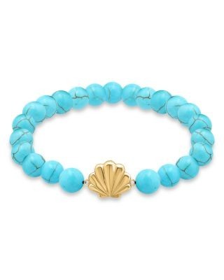 Aqua Clam Shell Charm Gemstone Beaded Stretch Bracelet in 18K Gold Plated Sterling Silver - Exclusive