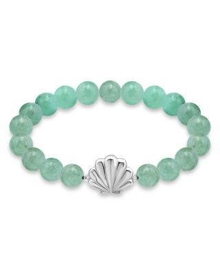 Aqua Clam Shell Charm Gemstone Beaded Stretch Bracelet in Sterling Silver - Exclusive