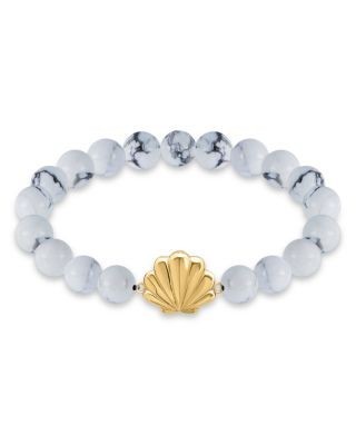 Aqua Clam Shell Charm Gemstone Beaded Stretch Bracelet in 18K Gold Plated Sterling Silver - Exclusive