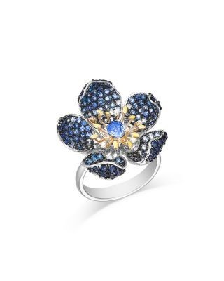 Bloomingdale's Fine Collection Blue Sapphire (2.88 tcw) & Diamond (0.05 tcw) Flower Ring in 14K Yellow & White Gold