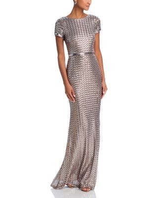 Aqua Belted Sequin Gown - Exclusive