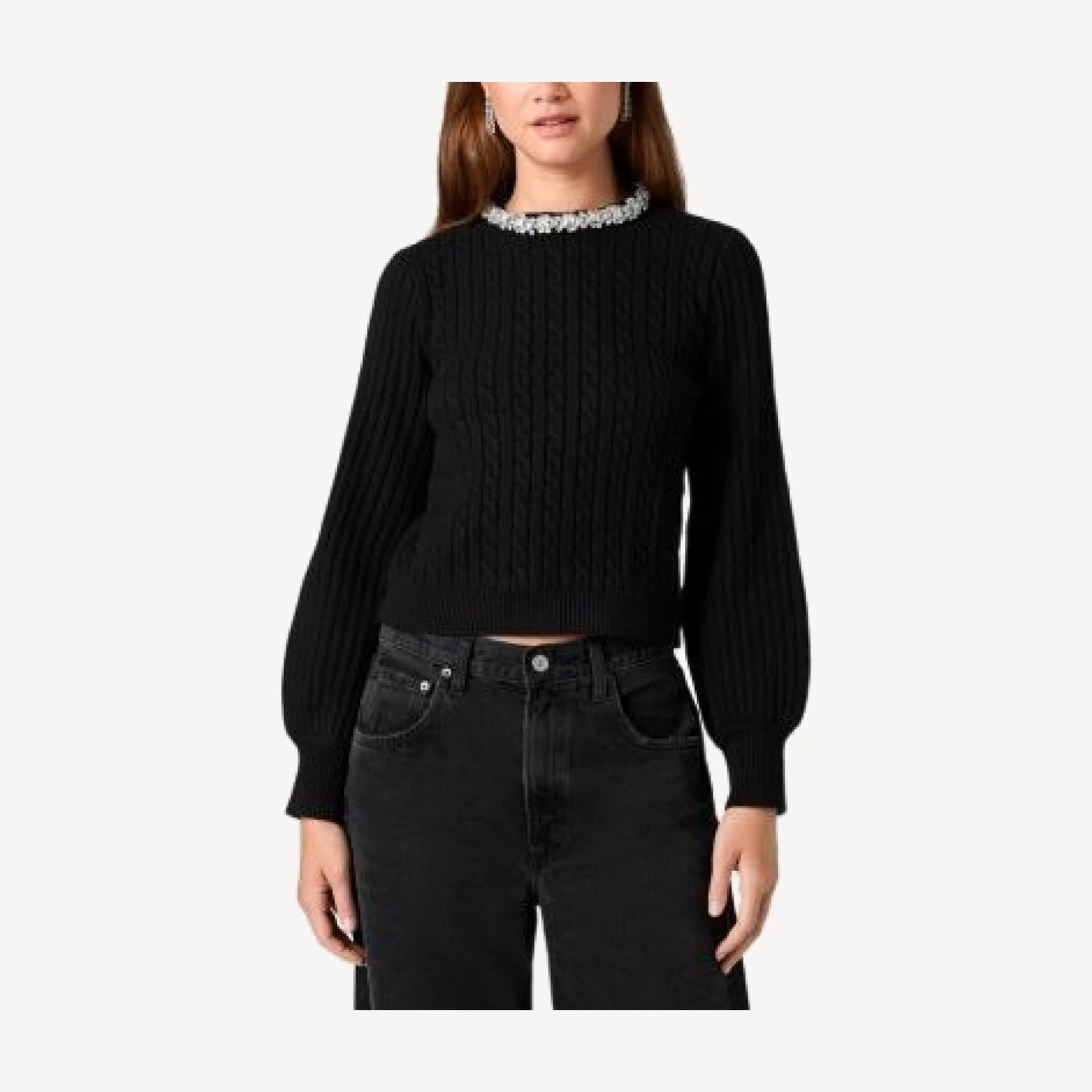 French Connection Avea Embellished Neck Cable Knit Sweater