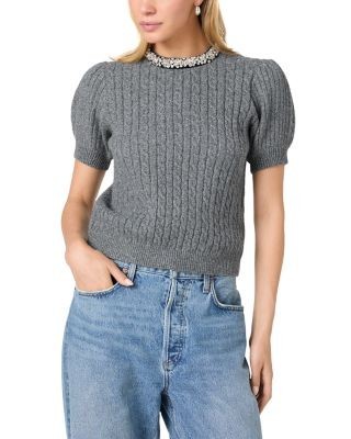 French Connection Avea Cable Knit Embellished Neck Sweater