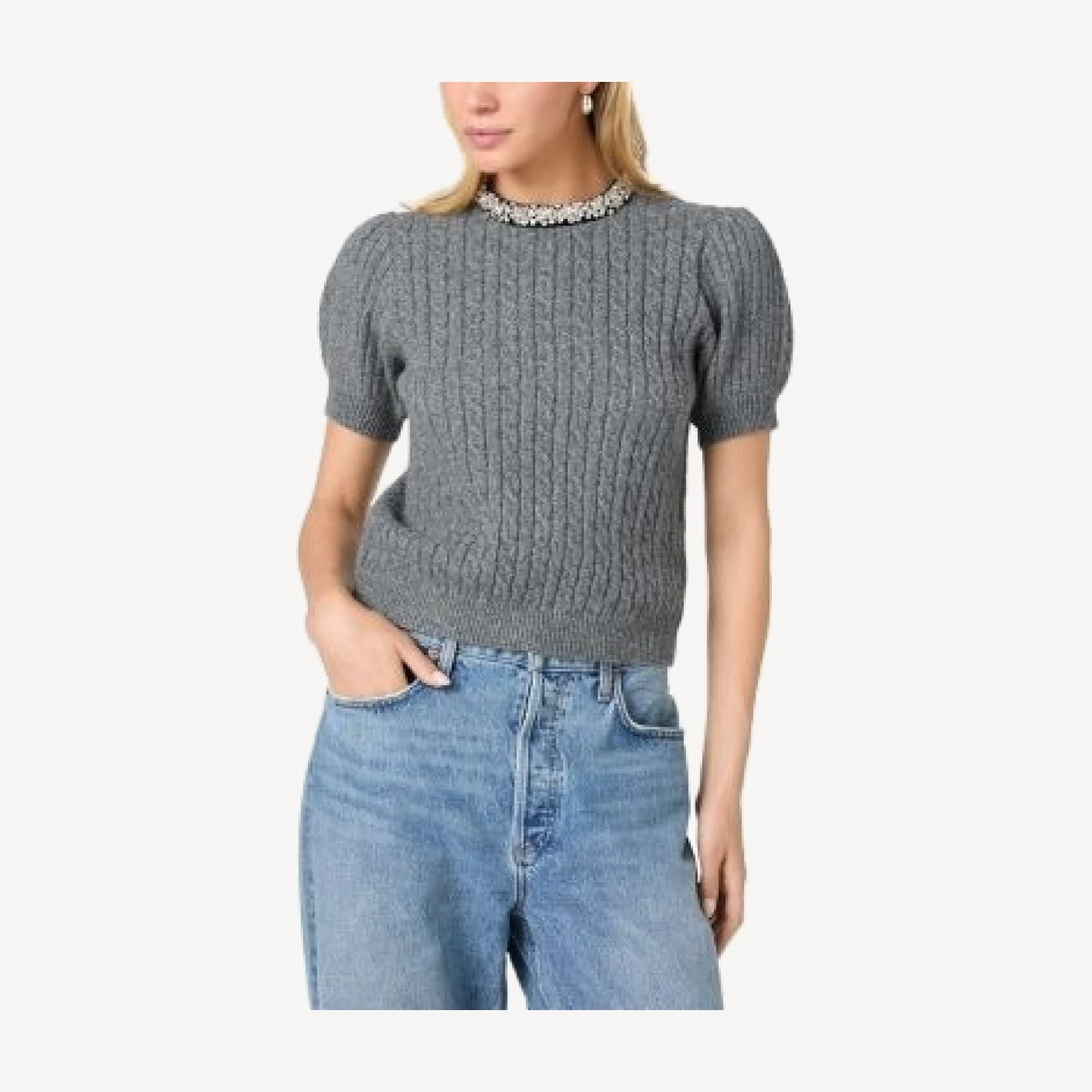 French Connection Avea Cable Knit Embellished Neck Sweater