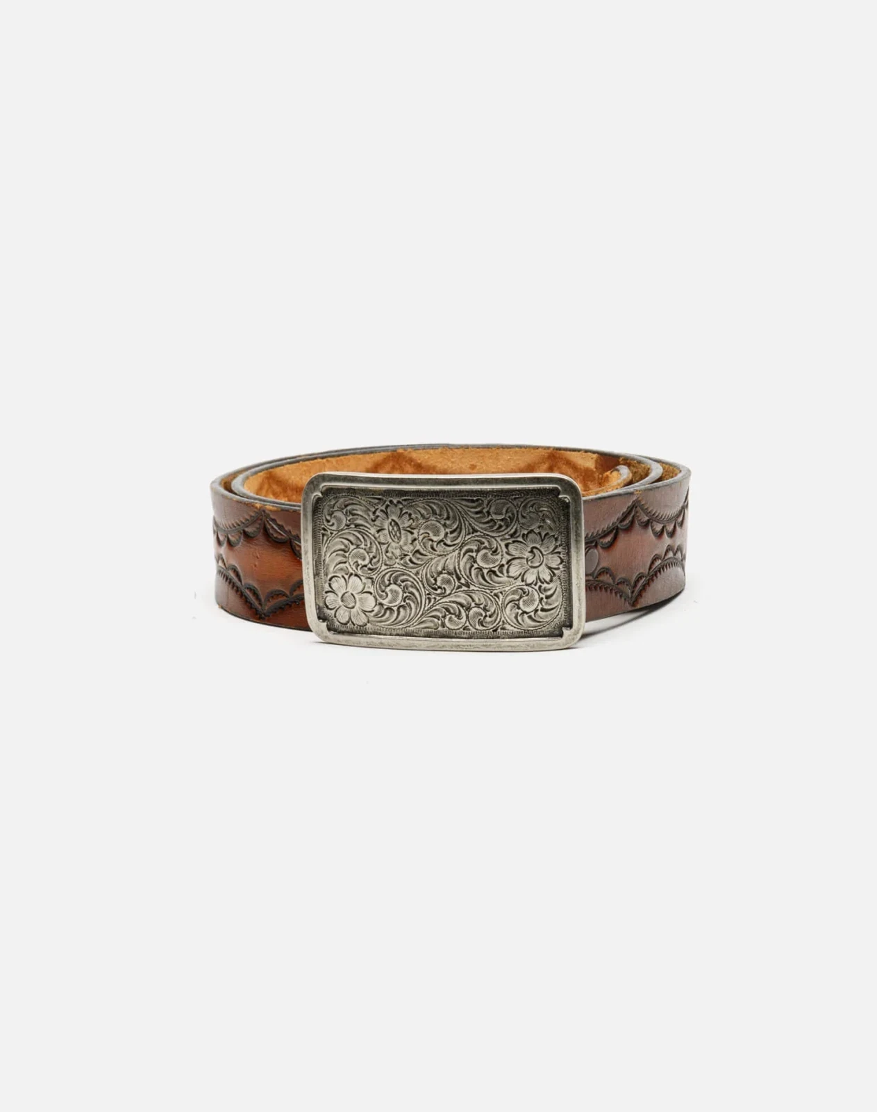 RE/DONE Vintage | 70s Etched Silver Buckle on Leather Belt | Vintage Belts
