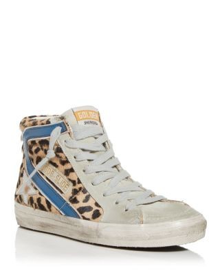 Golden Goose Women's Slide Leopard Print Calf Hair High Top Sneakers