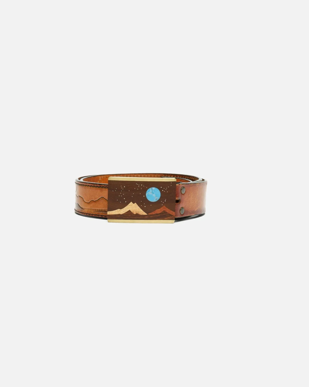 RE/DONE Vintage | 70s Wood and Turquoise Inlay Buckle on Embossed Landscape Belt -#31 | Vintage Belts