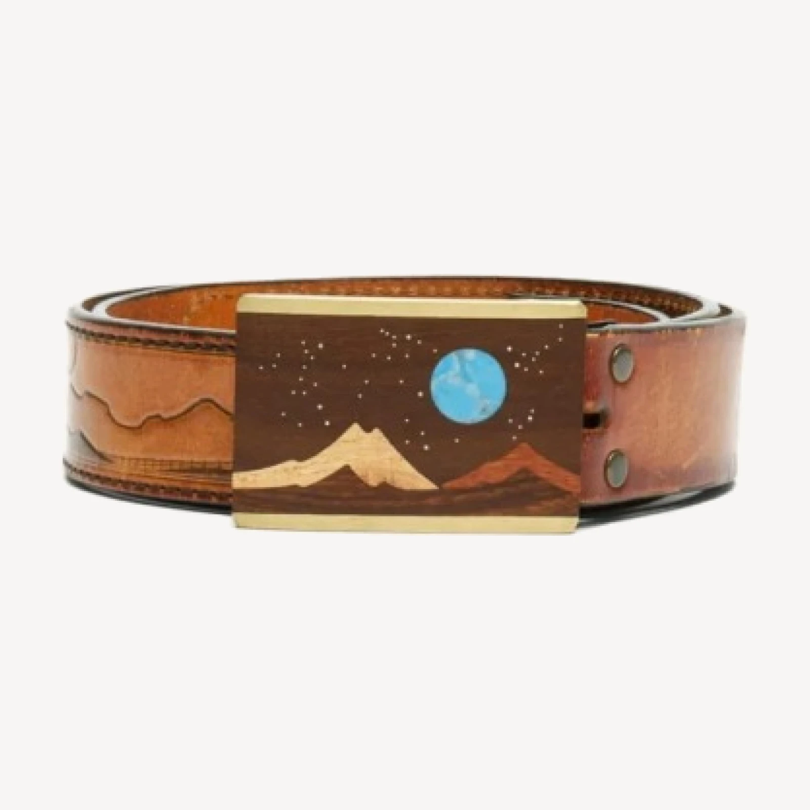 RE/DONE Vintage | 70s Wood and Turquoise Inlay Buckle on Embossed Landscape Belt -#31 | Vintage Belts