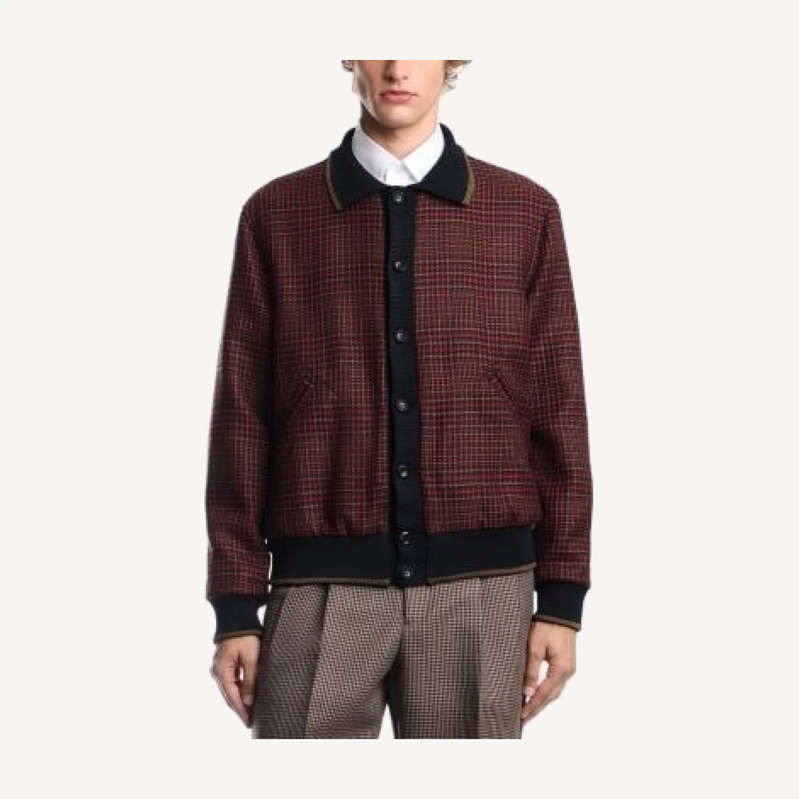 Emporio Armani Wool Plaid Tweed Bomber Jacket