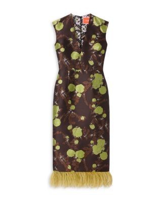 La DoubleJ Sleek Printed Feather Trim Dress